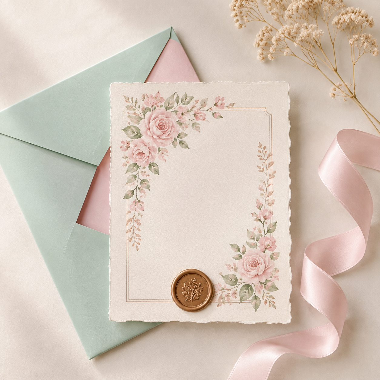 Convite especial decorado com flores e lacre