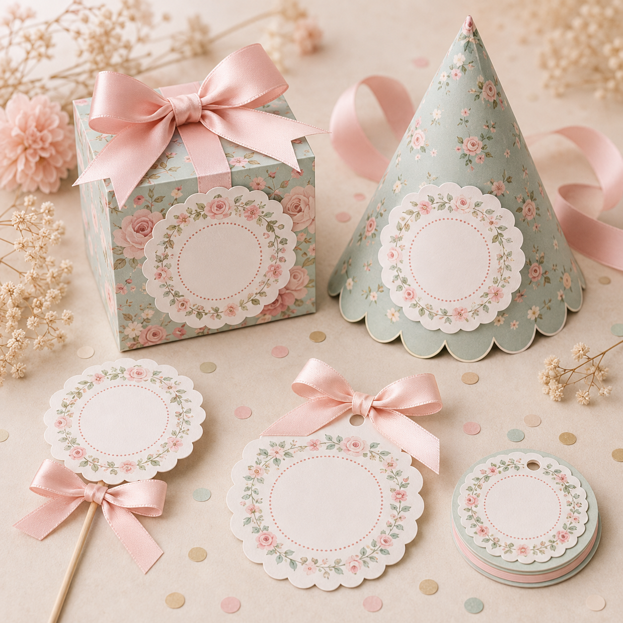 Kit de papelaria personalizada para festa em tons delicados